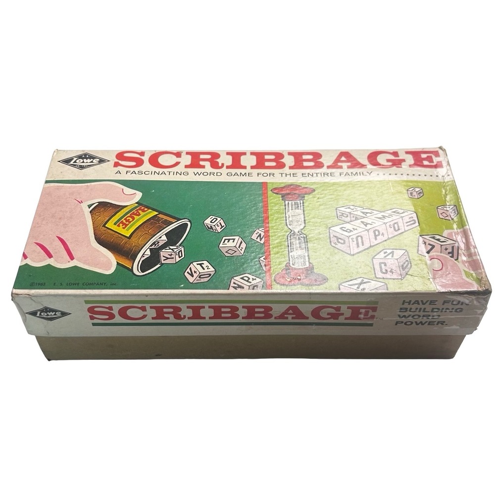 Vintage 1963 Scribbage Word Game E.S. Lowe No 954 Dice Letter Cubes Timer MCM‎
